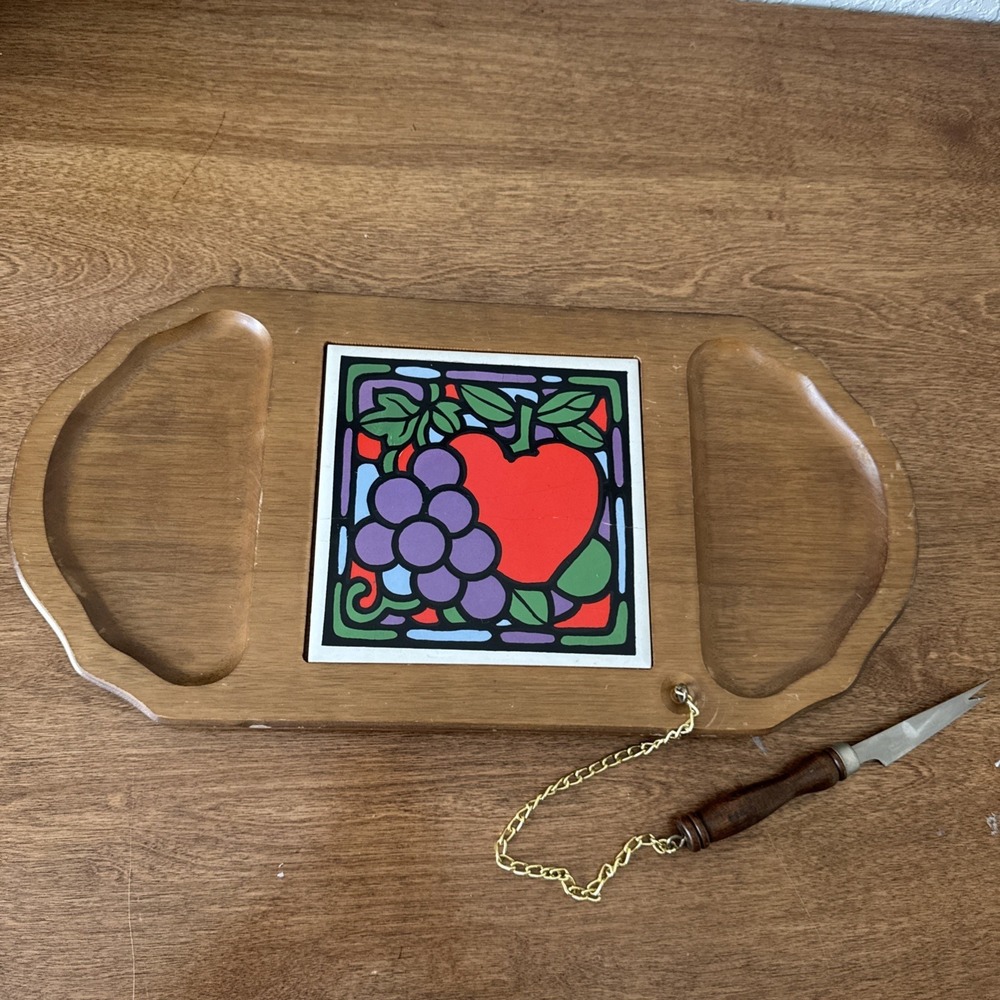 Vintage A Price Imports Teak Wood Cheese Board & Knife Tile Fruit Mid Century